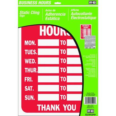  Hy-Ko  Business Hours Static Cling Sign 1 Each KIT-603
