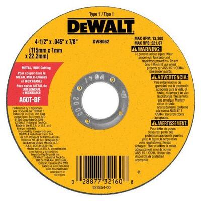  DeWalt Metal Cutting Wheel 4-1/2x0.45x7/8 Inch 1 Each DW8062