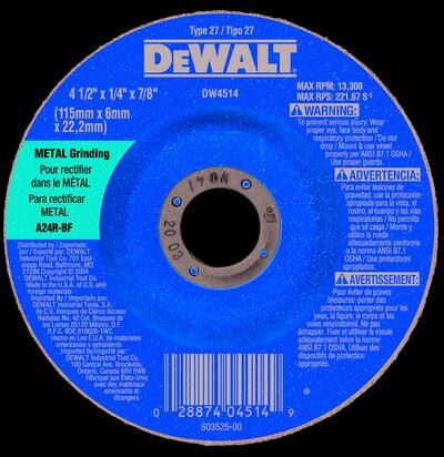  DeWalt  Metal Grinding Wheel  4-1/2x1/4 Inch  1 Each DW4514