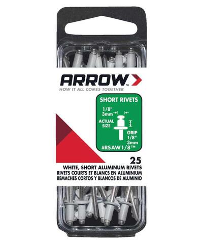  Arrow Short Rivet  1/8x1/8 Inch White Aluminum  25 Pack  RSAW1/8