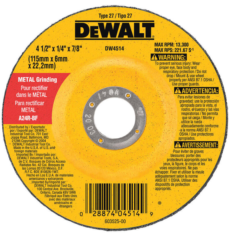  DeWalt  Metal Grinding Wheel  4-1/2x1/4 Inch  1 Each DW4514