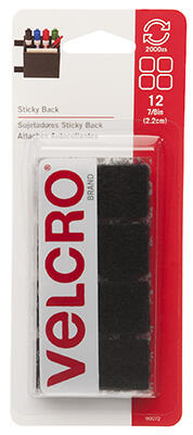  Velcro Sticky Back Square Fastener 7/8 Inch  Black 12 Pack 90072