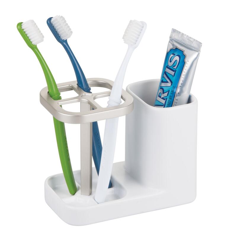 iDesign Sedona Toothbrush And Toothpaste Holder Satin Nickel White 1