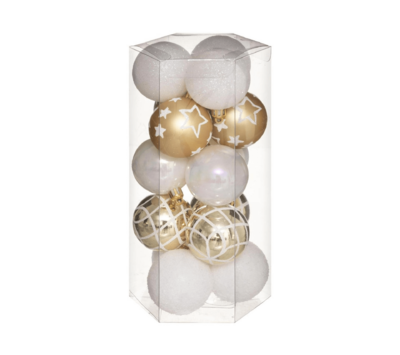 XMAS BALLS 15PCS 50MM WHT/GOLD