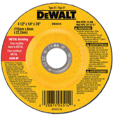  DeWalt  Metal Grinding Wheel  4-1/2x1/4 Inch  1 Each DW4514