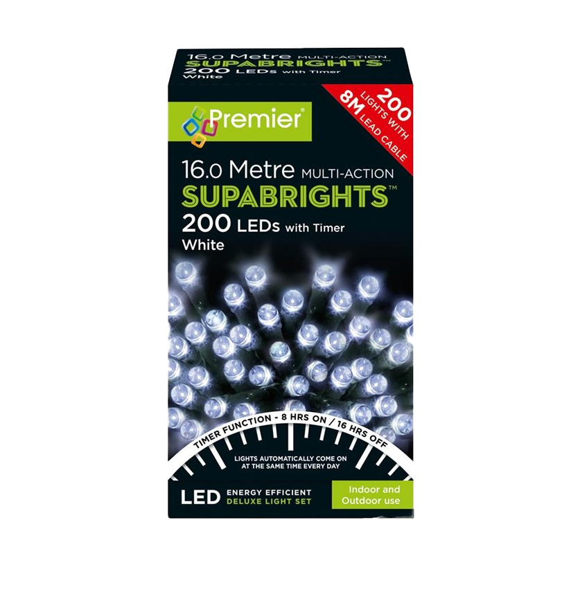 Premier Multi Action Supabrights 200 LED 20 Metres White 1 Box ...